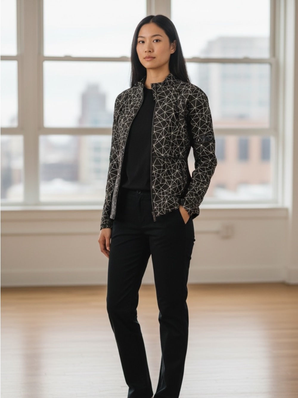 Karma athletics luxe Printed Clara Zip-up Jacket ShatterGlass Black White Medium